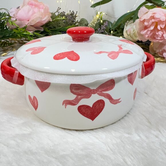 Grace Bake Shop Red Heart Bow Covered Serving Baking Dish Casserole Oven Safe - Picture 4 of 5